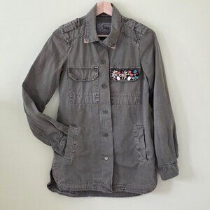 Zara Jacket Women XS Green Buttons Cotton LS Embellished Grunge Cottagecore Boho